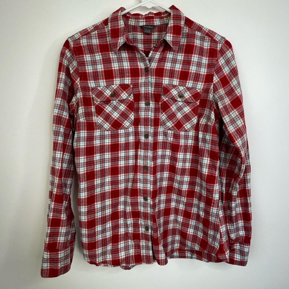 Eddie Bauer Red and White Plaid Cotton Button-Front Shirt size small
